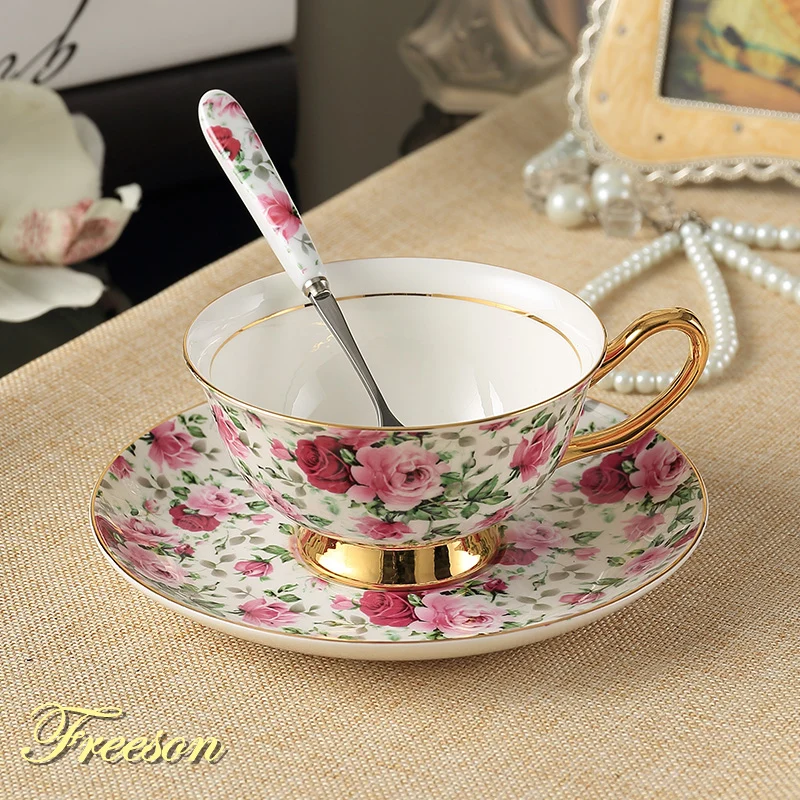

Romantic Flower Bone China Tea Cup Saucer Spoon Set 200ml Top-grade Porcelain Coffee Cup British Afternoon Teacup Dropshipping