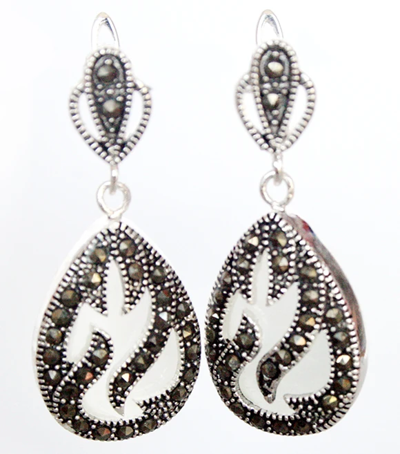 

hot sell new - 11/2" late trend 925 Silver & Marcasite inlay white opal Waterdrop Earrings