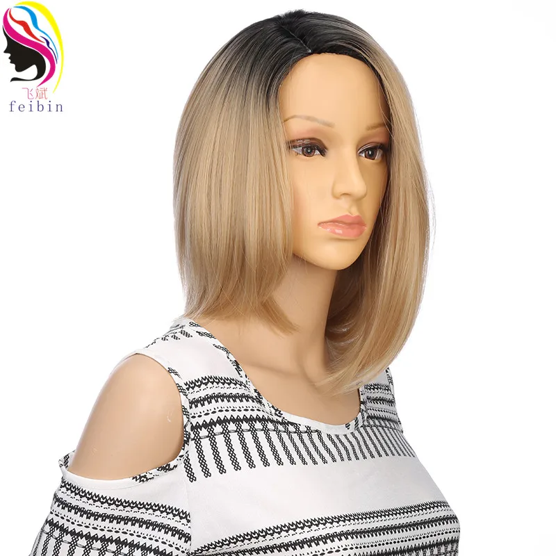 Feibin Short Wigs For Black Women Synthetic BOBO Straight Ombre Blonde Wig High temperature Fiber D10 | Шиньоны и парики