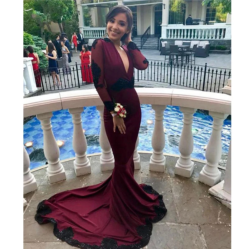 Long Burgundy Prom Dresses 2020 Mermaid V-neck Sheer Long Sleeve Black Lace African Girl Backless Satin Party Prom Dress
Long Burgundy Prom Dresses 2020 Mermaid V-neck Sheer Long Sleeve Black Lace African Girl Backless Satin Party Prom Dress