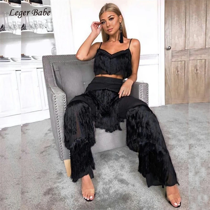 Leger Babe Sexy Black Spaghetti Strap Tassel Short Top Long Tassel Pants Two Piece Sets Nightclub High Quality Bandage Vestido
Leger Babe Sexy Black Spaghetti Strap Tassel Short Top Long Tassel Pants Two Piece Sets Nightclub High Quality Bandage Vestido