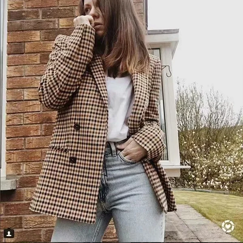 Fashion Plaid Blazer Women Long Sleeve Slim OL Blazer Feminino Double Breasted Autumn Spring Jacket Blazer Female
Fashion Plaid Blazer Women Long Sleeve Slim OL Blazer Feminino Double Breasted Autumn Spring Jacket Blazer Female