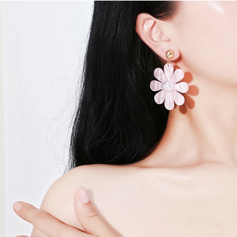 Romantic Pink White Acrylic Drop Earrings For Women Jewelry Big Flower Square Irregular Dangle Female Statement Gift | Украшения и