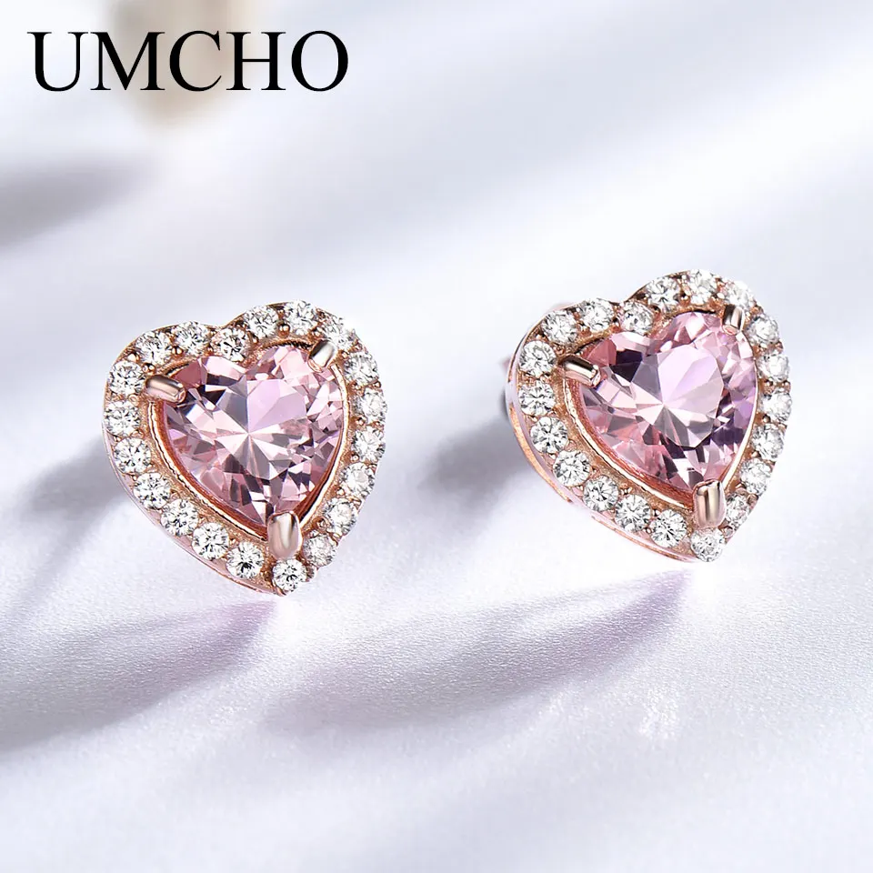 

UMCHO 925 Sterling Silver Jewelry Created Heart Morganite Silver Stud Earrings Sweet Romantic Style For Lover Anniversary Gifts