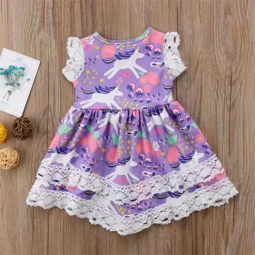 Новинка 2018 фиолетовые платья с единорогом детские кружевные наряды цветочным