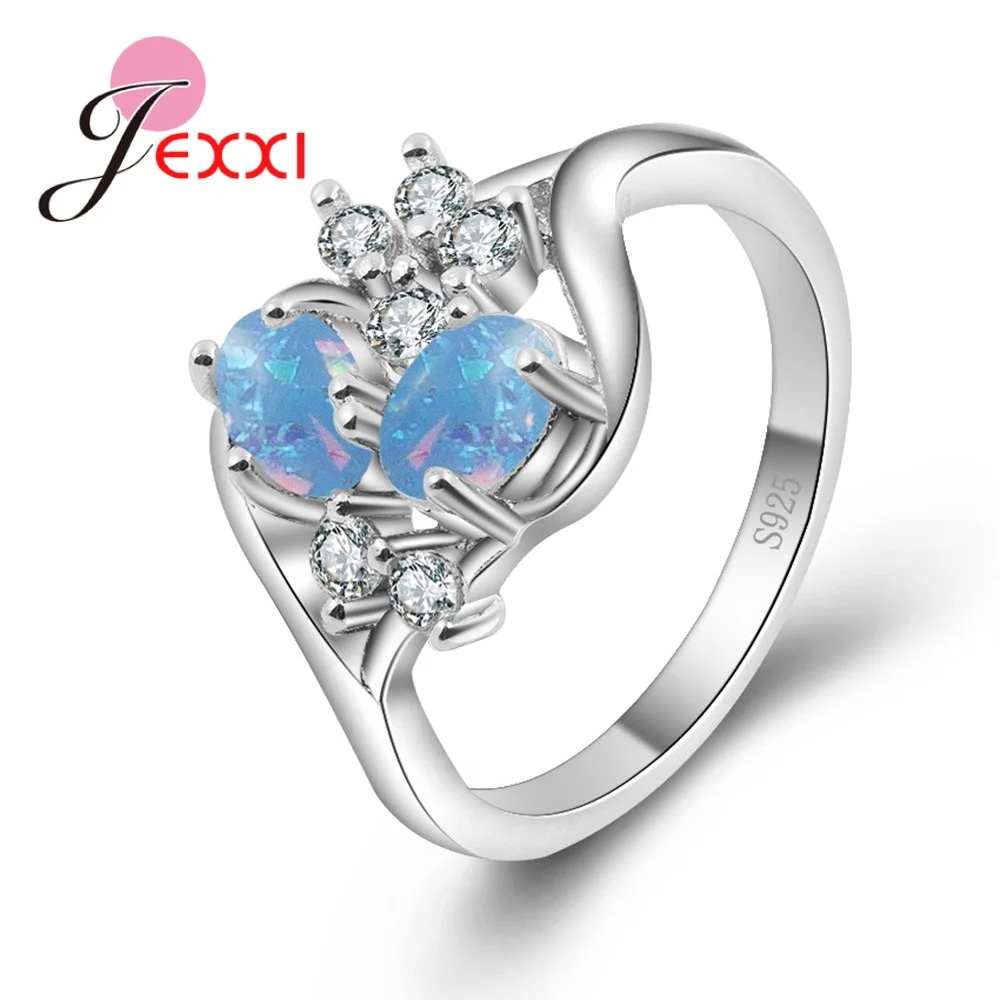 

Real 925 Sterling Silver Crystal Paved With Rainbow Blue Opal Stones Band Rings For Women Lovers Wedding Anel Gifts