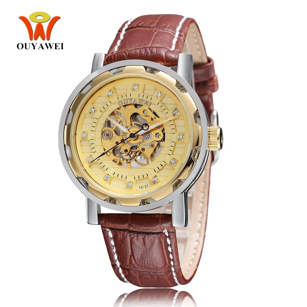 Фото Мужские наручные часы OYW механические с золотым циферблатом и кожаным ремешком