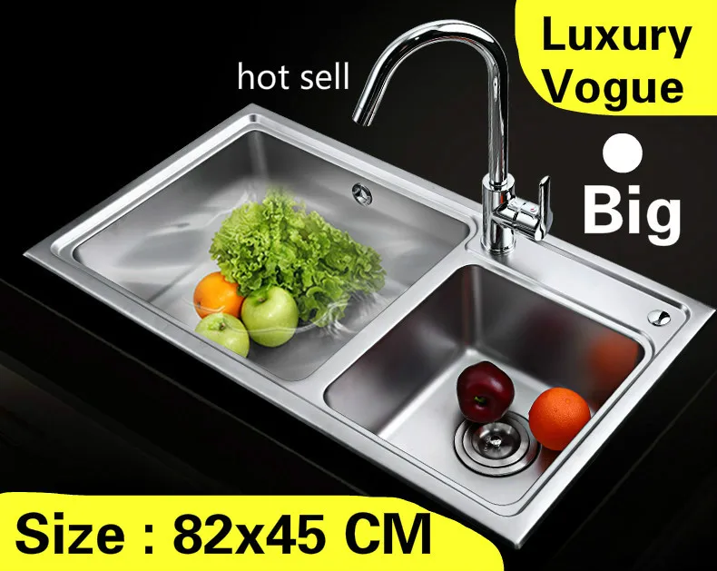 

Free shipping Apartment wash vegetables high volume kitchen double groove sink 304 stainless steel big hot sell 820x450 MM