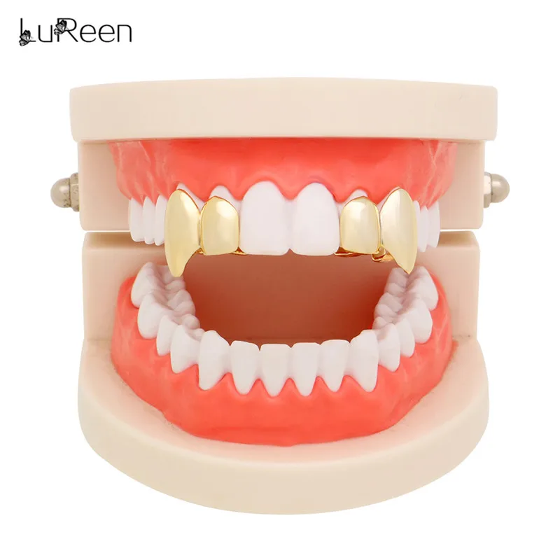 

LuReen 2 Pcs/Set Hip Hop Men Gold Silver Color Teeth Grillz Vampire Fangs Double Caps for Rapper Grills Tooth Jewelry