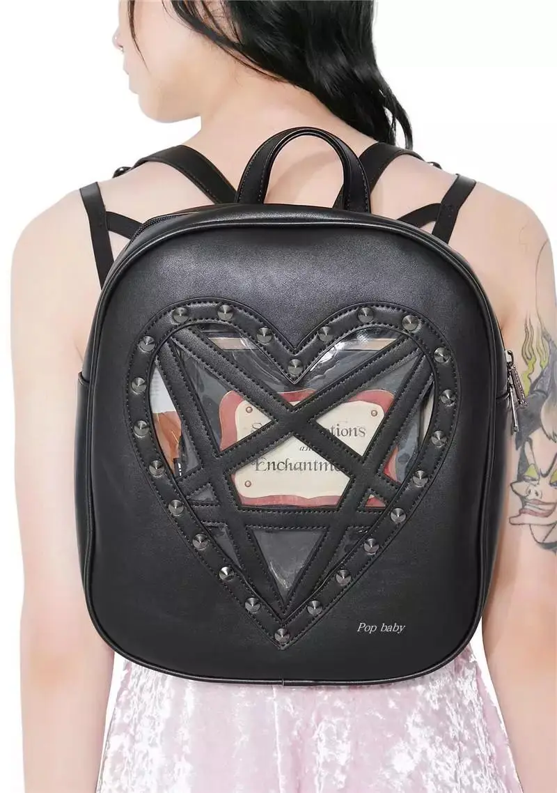 Punk Rock Black PU leather Handbags Hollow Out Pentacle Shape Backpack Pentagram Heart Dark Gothic Bags Cosplay Show accessories
Punk Rock Black PU leather Handbags Hollow Out Pentacle Shape Backpack Pentagram Heart Dark Gothic Bags Cosplay Show accessories