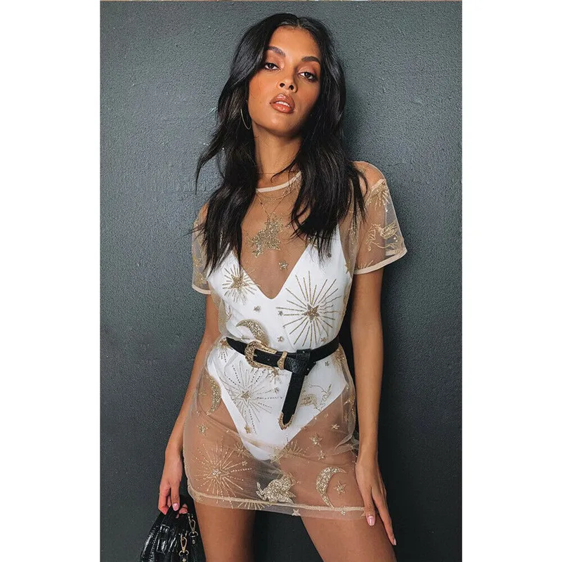 Women Sexy Gold Sequined Bikini Cover Ups Sparky Swimwear Swimsuit Bathing Short Sleeve Mesh See Through Summer Beachwear Dress
Women Sexy Gold Sequined Bikini Cover Ups Sparky Swimwear Swimsuit Bathing Short Sleeve Mesh See Through Summer Beachwear Dress