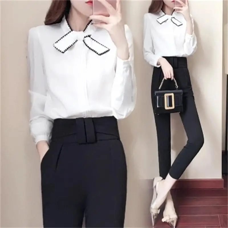 Fashion suit 2018 spring and summer New women's Korean long-sleeved shirt + high waist nine pants two-piece
Fashion suit 2018 spring and summer New women's Korean long-sleeved shirt + high waist nine pants two-piece