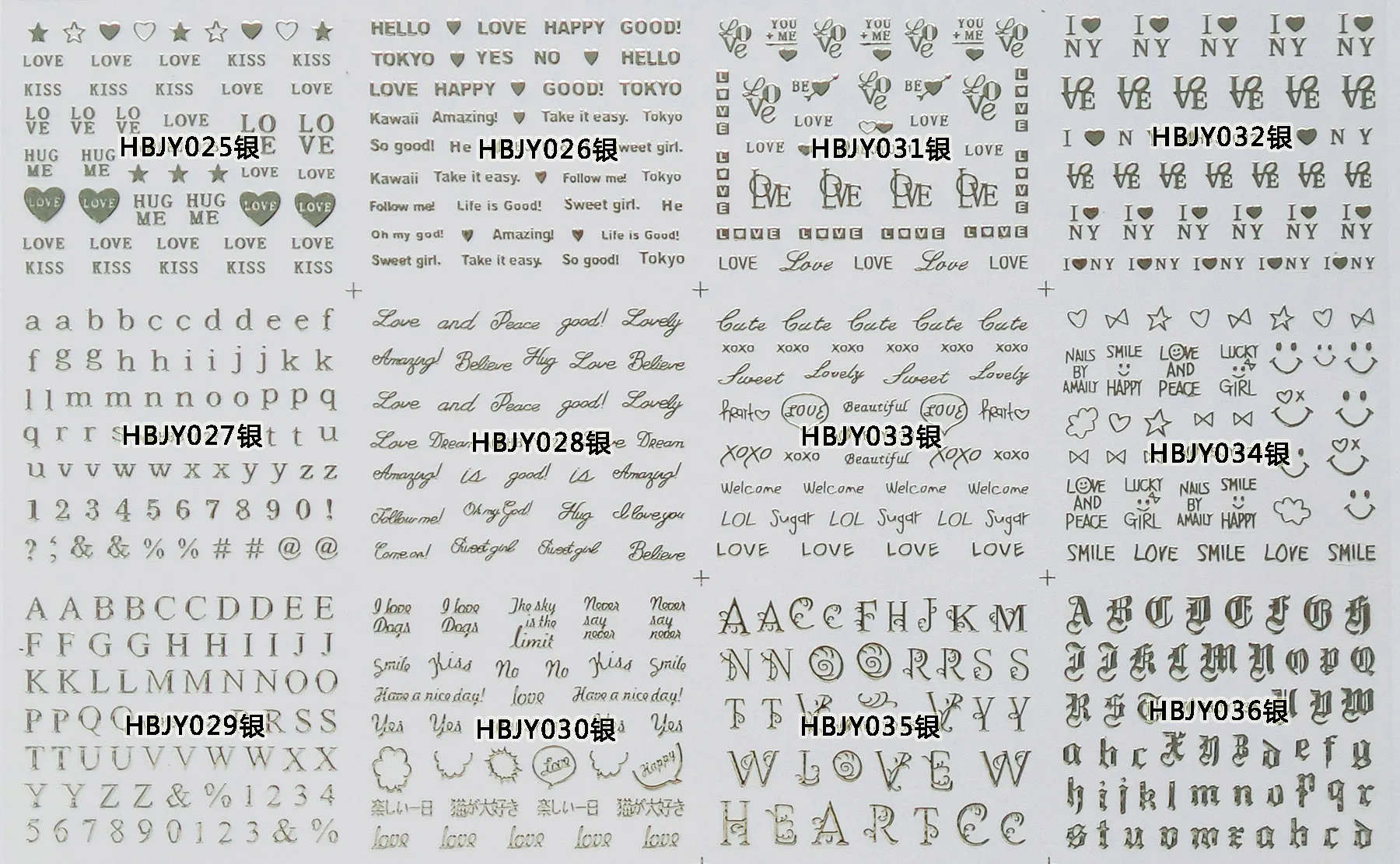 3D Nail Sticker HBJY025-036 Silver Letter Design 3d Nail Art Decal for Nail Decoration(12 DESIGNS IN 1)
3D Nail Sticker HBJY025-036 Silver Letter Design 3d Nail Art Decal for Nail Decoration(12 DESIGNS IN 1)