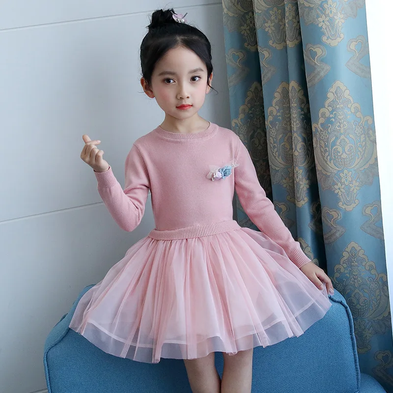 Весенне-осеннее кружевное платье для девочек 2018 Детские платья розовое