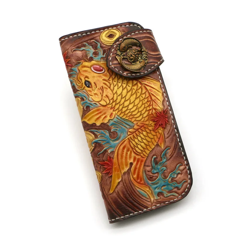 Handmade Genuine Leather Wallets Carving Carp Bag Purses Women Men Clutch Vegetable Tanned Leather Wallet Christmas Gift
Handmade Genuine Leather Wallets Carving Carp Bag Purses Women Men Clutch Vegetable Tanned Leather Wallet Christmas Gift