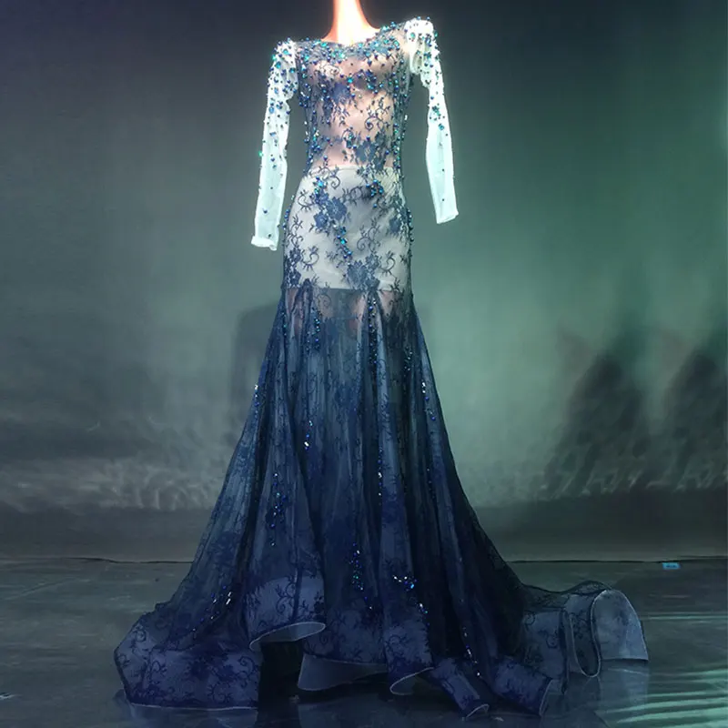 Dark blue crystal stage long sleeve dress sexy See Through backless Long Big Tail Dress Prom Birthday Celebrate Dresses
Dark blue crystal stage long sleeve dress sexy See Through backless Long Big Tail Dress Prom Birthday Celebrate Dresses