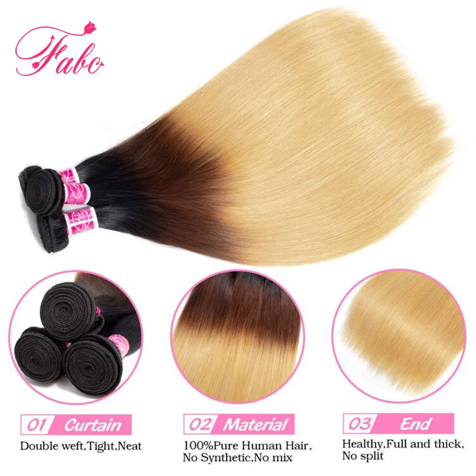 FABC Hair Brazilian Weave Bundles 1b/4/27# Color Honey Blonde Ombre Straight Human 1/3/4 Deals Non Remy | Шиньоны и парики