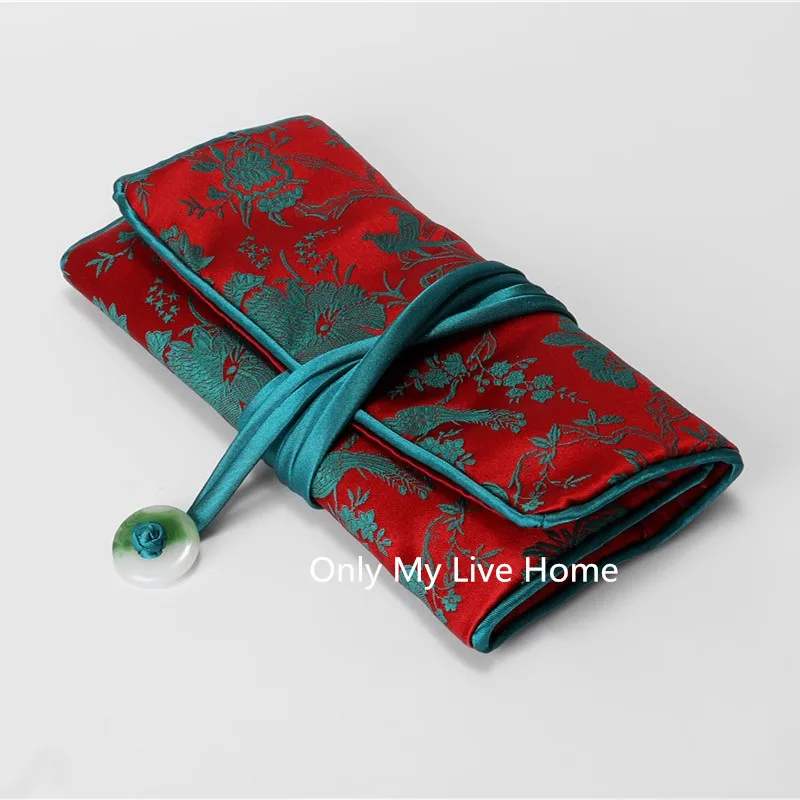 

Jade Handcraft Travel Jewelry Roll Bag 3 Zipper Folding Storage Pouches Silk Brocade Cosmetic Makeup Packaging Clutch Purse Gift