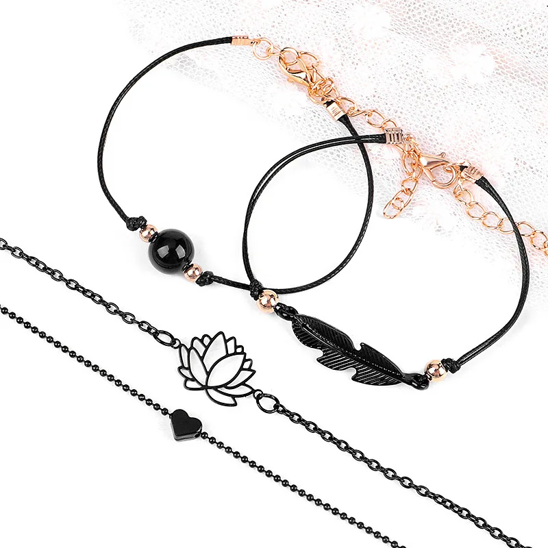 4 комплекта черное сердце полый браслет с цветком лотоса для женщин Ретро стиль
