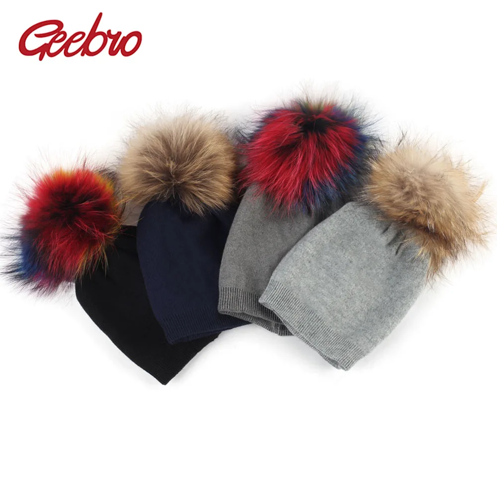 

Geebro Baby Beanie Hat Autumn Wool Skullies Beanies with Raccoon Fur Pompom Newborn Boys and Girls Slouchy Real Pompon Hat
