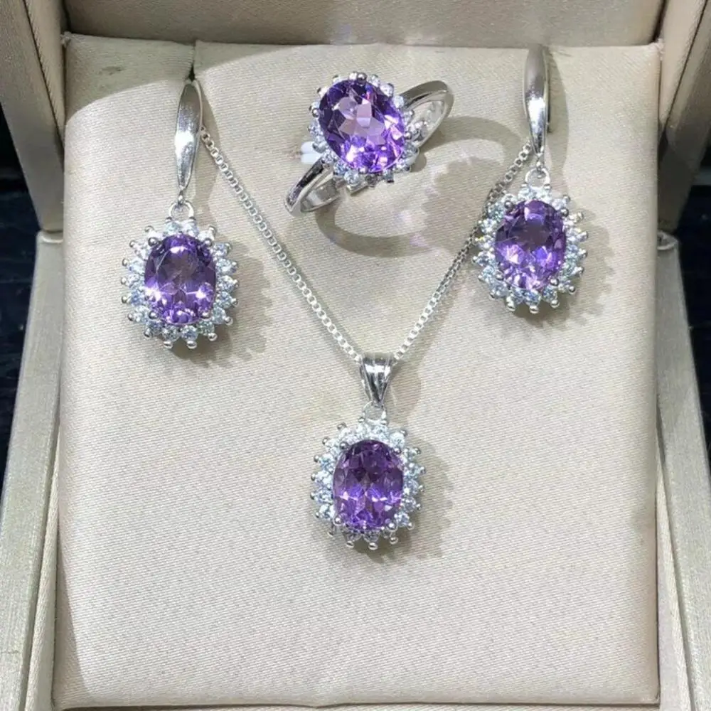 Classic Diana Jewelry set Pendant Necklace Earrings Rings Natural Amethyst Women 925 Silver Jewelry For Gift
Classic Diana Jewelry set Pendant Necklace Earrings Rings Natural Amethyst Women 925 Silver Jewelry For Gift