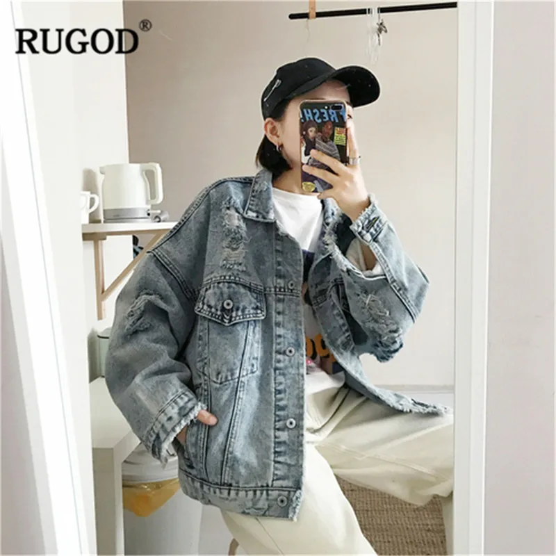 RUGOD/модные рваные джинсовые куртки повседневные свободные с воротником-стойкой