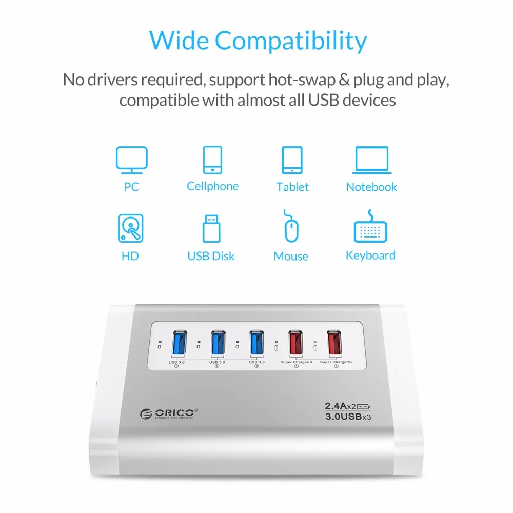 ORICO Aluminum Alloy USB 3.0 HUB With 2 USB Charging Ports Easily Drives Devices With Power Adapter For Mobile Phone/Tablet
ORICO Aluminum Alloy USB 3.0 HUB With 2 USB Charging Ports Easily Drives Devices With Power Adapter For Mobile Phone/Tablet