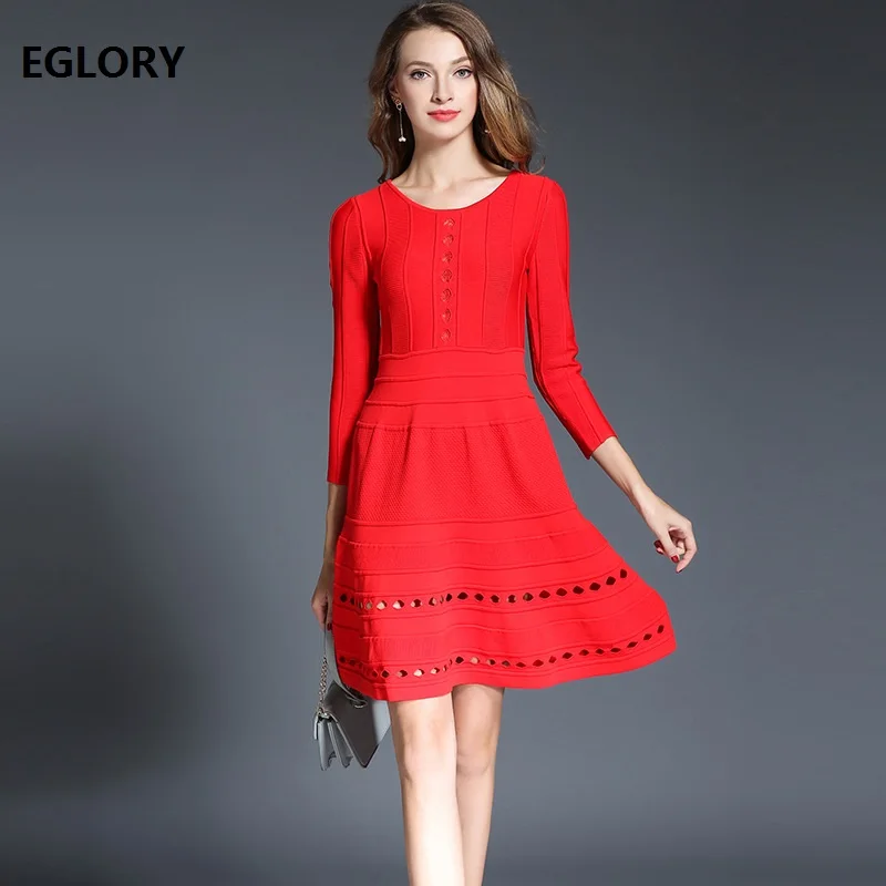 

2018 Spring Summer Women's Sweater Dress Hollow Out Knitted Dress Three Quarter Sleeve Casual Red Black Flare Dress Knitting