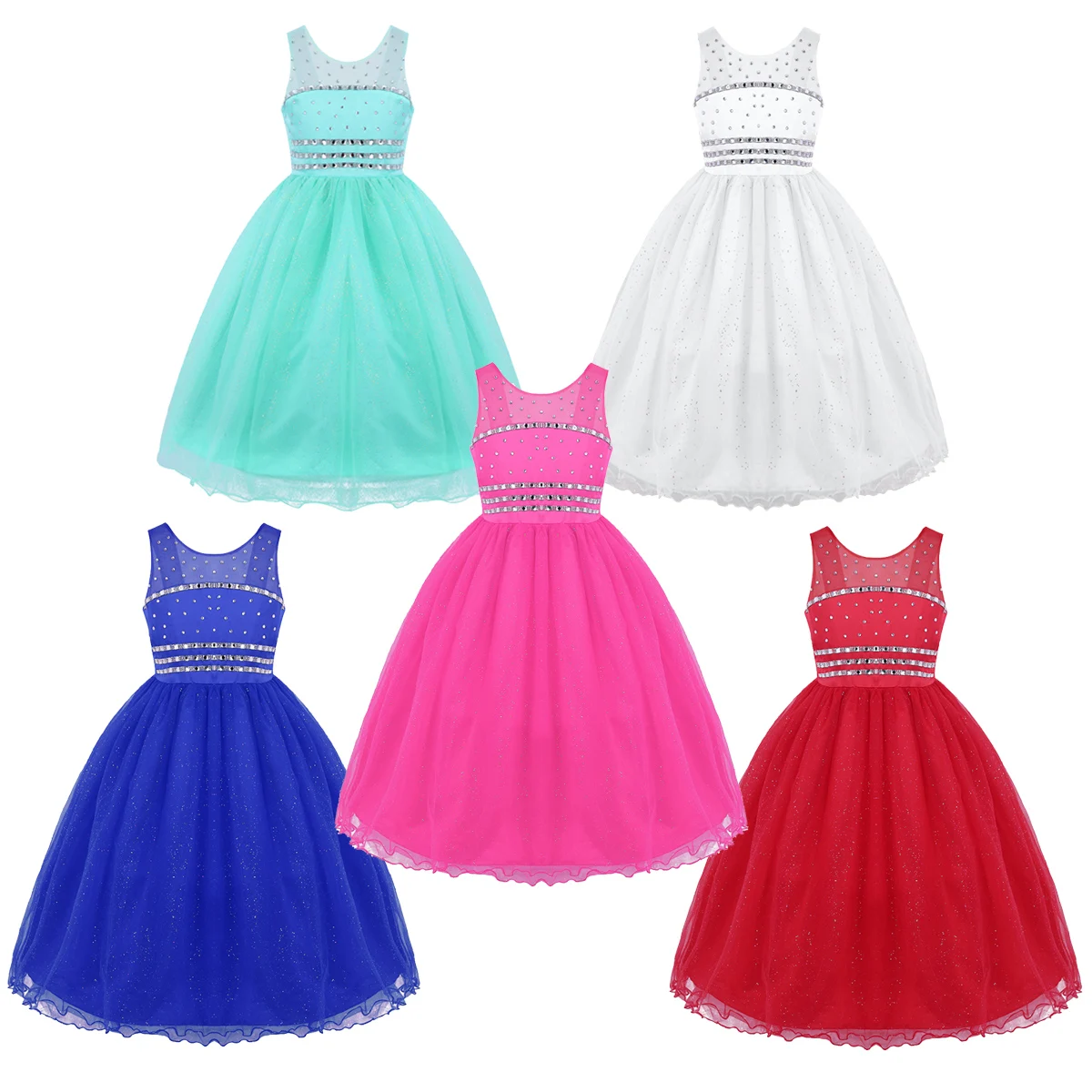 Tiaobug Flower Girls Dress Kids Pageant Birthday Party First Communion Mesh Wide Shoulder Straps Glittery Rhinestone | Свадьбы и