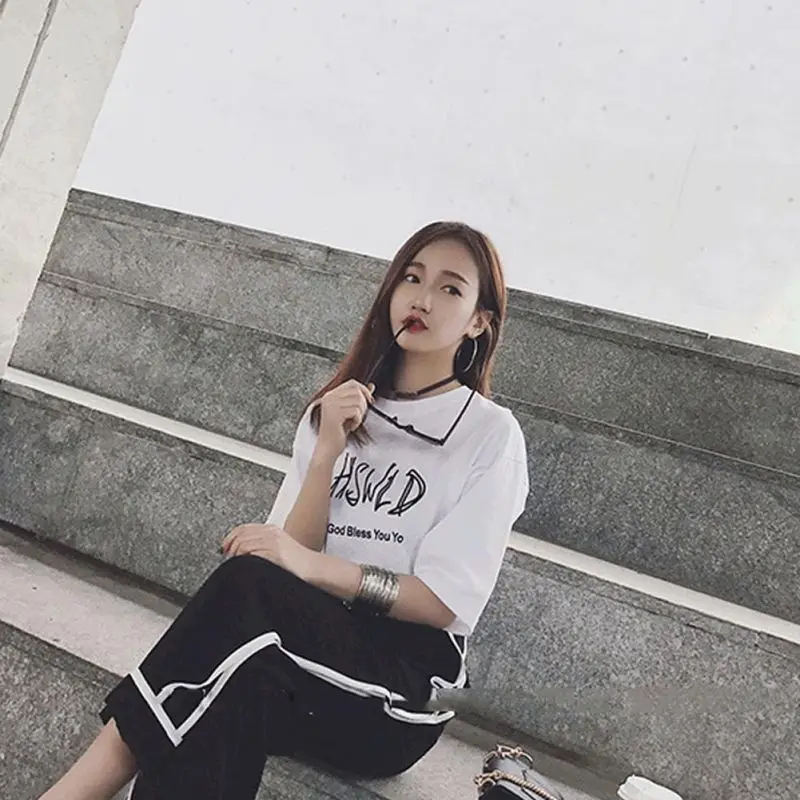 Women Loose White t-Shirt Simple Letter Pattern Female Tops + Side Striped Wide-Leg Pants Black Two-Piece Woman Suits
Women Loose White t-Shirt Simple Letter Pattern Female Tops + Side Striped Wide-Leg Pants Black Two-Piece Woman Suits
