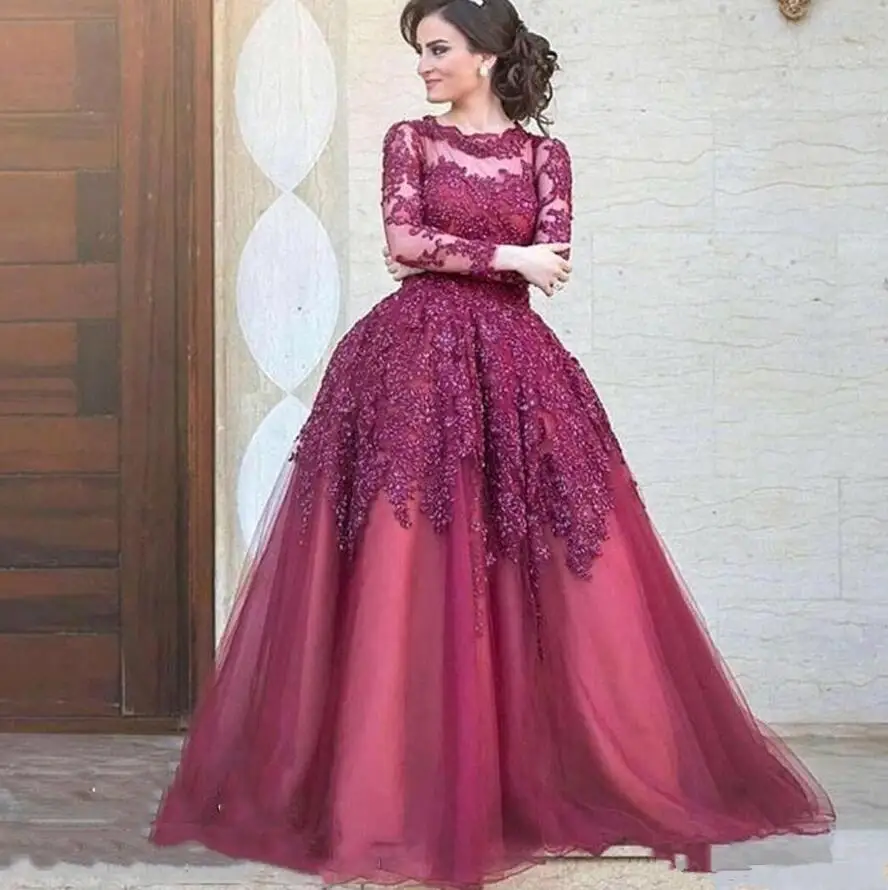 

Burgundy Vestido De Noiva 2019 Muslim Wedding Dresses Ball Gown 3/4 Sleeves Tulle Beaded Boho Dubai Arabic Wedding Gown Bridal
