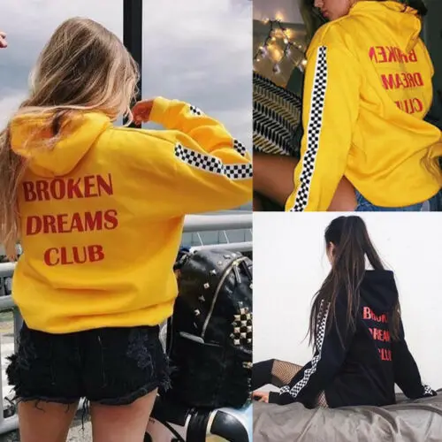 Женская осенне зимняя модная толстовка с надписью Broken Dreams черно желтая крутая