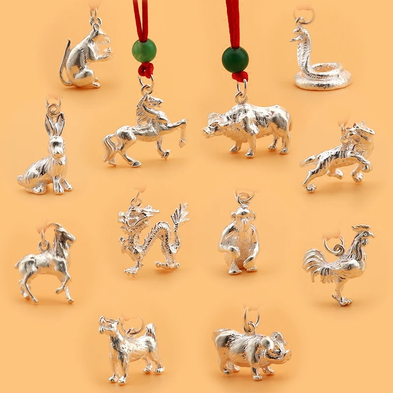

Sterling silver zodiac pendant rat ox tiger rabbit dragon snake horse sheep monkey rooster dog pig animal furnishings