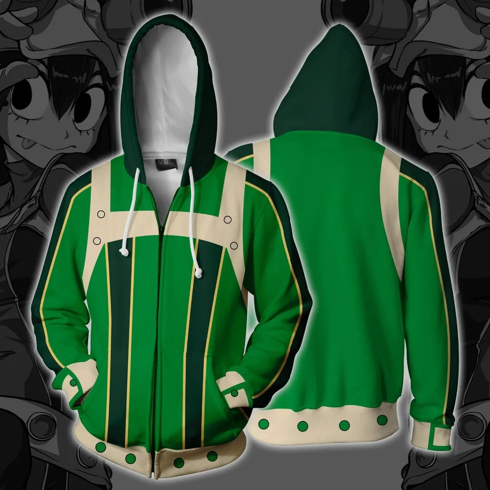 Hero Academia Asui Tsuyu Cosplay Costumes Zipper Hoodies Sweatshirts 3D Printing Unisex Adult man/women Clothing
Hero Academia Asui Tsuyu Cosplay Costumes Zipper Hoodies Sweatshirts 3D Printing Unisex Adult man/women Clothing
