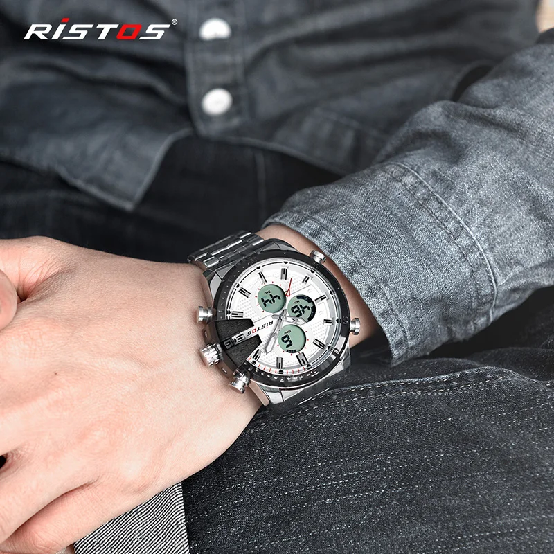RISTOS Топ Бренд роскошные стальные часы мужские спортивные Бизнес повседневные