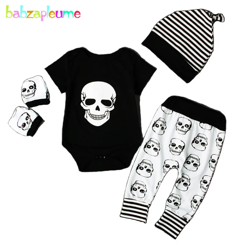 

0-24M/Newborn Baby Kidswear Toddler Boys Clothes Skull Printed Short-Sleeve Infant Jumpsuits Pant Kids Romper 4pcs set Boys A273