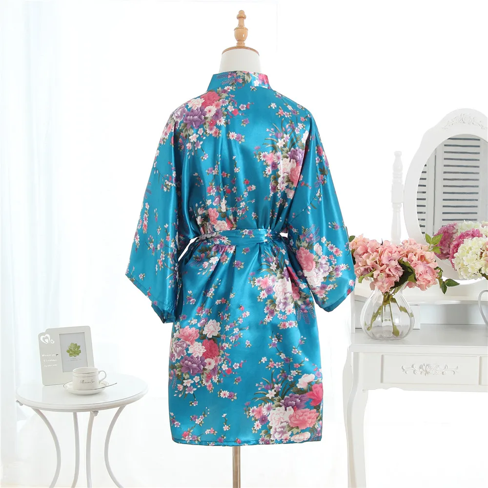 Темно синий сатиновый халат с цветочным принтом для женщин ночная рубашка отдыха