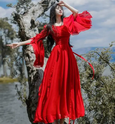 2019 New Vintage Slim Long Flare Sleeve Court Chiffon Dress Sweet Lolita Bohemian Style Half Sleeve Party Beach Dresses
2019 New Vintage Slim Long Flare Sleeve Court Chiffon Dress Sweet Lolita Bohemian Style Half Sleeve Party Beach Dresses