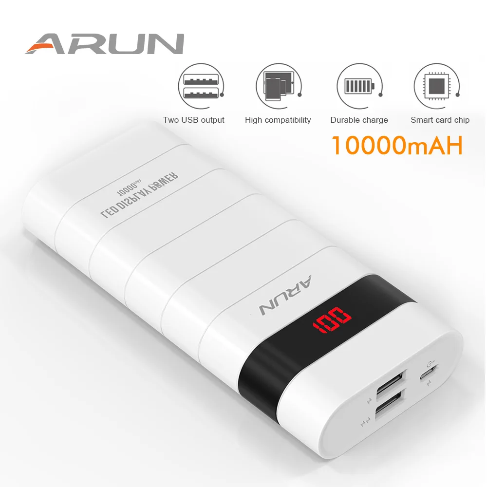 ARUN 10000 мАч Мощность банк светодиодный Дисплей USB Зарядное устройство Внешний