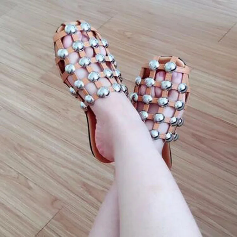

Hot Girl's Bling Plated Button Rivets Studs Cross Straps Slipper Sandals Summer Cut out Closed toe Slingback Flat Slide Shoes