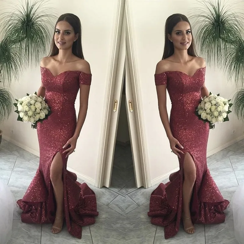 Newest Burgundy Off The Shoulder Side Slit Mermaid Sequins Bridesmaid Gowns Court Train Sequined Bridesmaid Dresses
Newest Burgundy Off The Shoulder Side Slit Mermaid Sequins Bridesmaid Gowns Court Train Sequined Bridesmaid Dresses