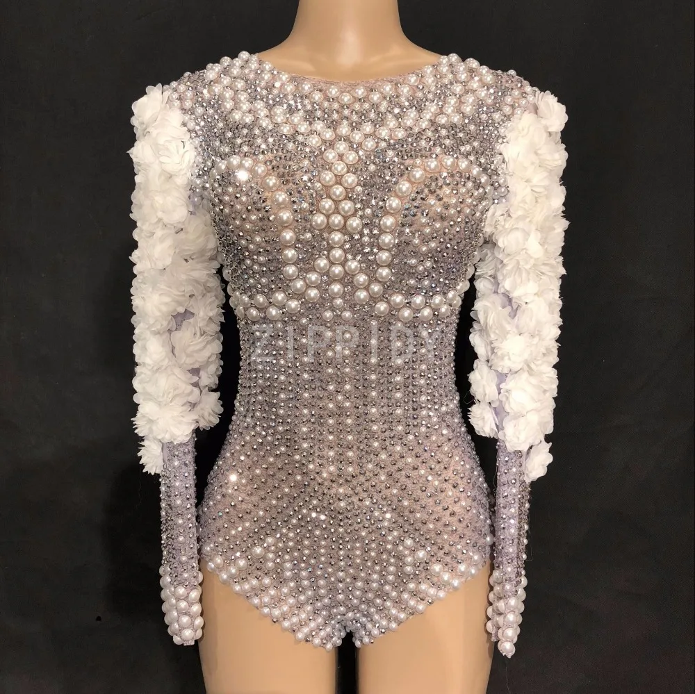 New Sparkly Rhinestones Pearls Bodysuit White Flowers Women's Birthday Celebrate Stage Singer Dance DS Show Nightclub Leotard |