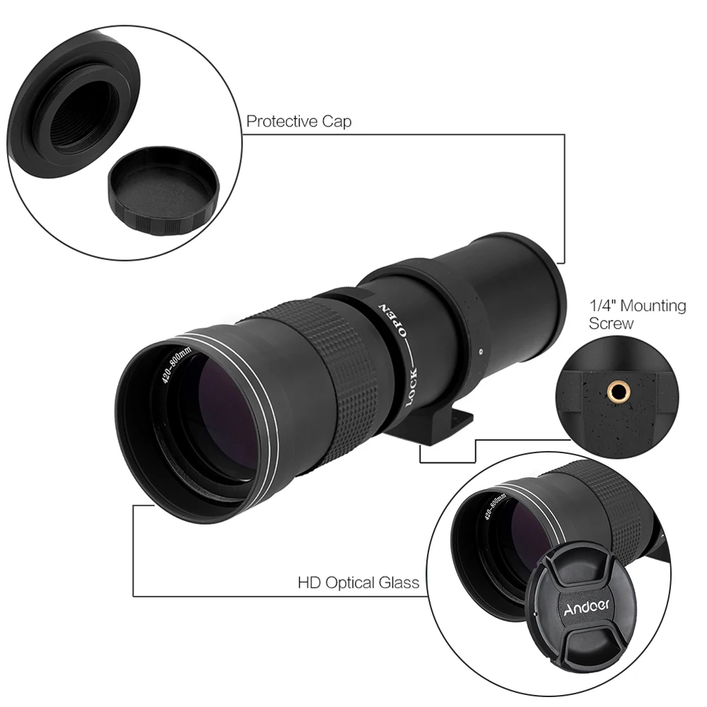 Andoer 420-800mm F/8.3-16 HD Super Telephoto Camera Lens with T-Mount T/T2 Adapter Ring for Canon Nikon Sony Lens EOS DSLR
Andoer 420-800mm F/8.3-16 HD Super Telephoto Camera Lens with T-Mount T/T2 Adapter Ring for Canon Nikon Sony Lens EOS DSLR