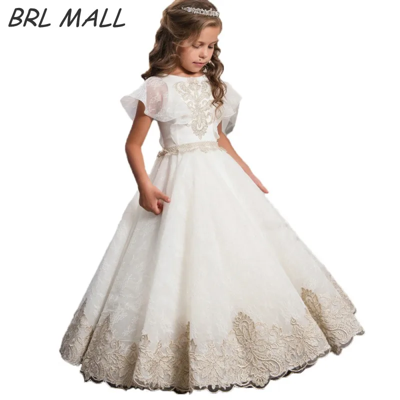 Elegant Gold Lace Appliques flower girl dresses for weddings Short Sleeves Kids Ball Gown first communion girls AB05 | Свадьбы и