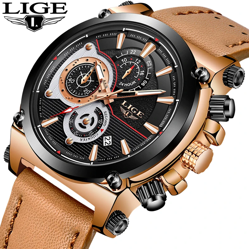 Фото LIGE мужские часы Топ бренд Роскошные Кварцевые Золотые повседневные кожаные(Aliexpress на русском)