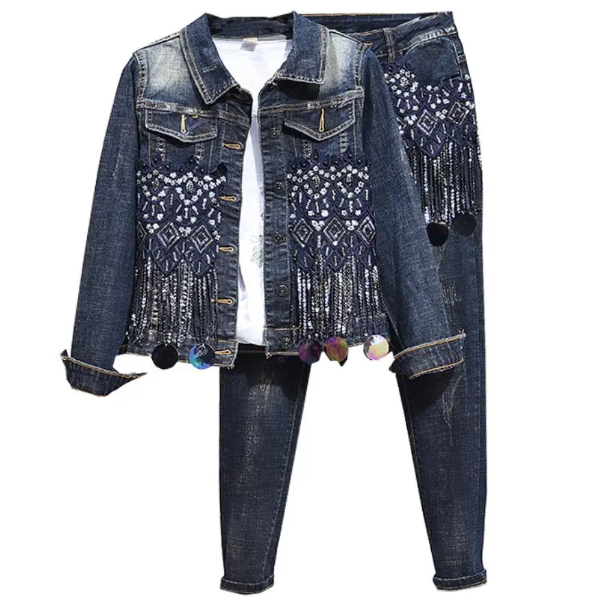 plus size 2XL! Women 2 Piece set Jacket and Pencil Jeans tassel sequins Tracksuit Jeans Denim Set Women Two Piece Sets
plus size 2XL! Women 2 Piece set Jacket and Pencil Jeans tassel sequins Tracksuit Jeans Denim Set Women Two Piece Sets