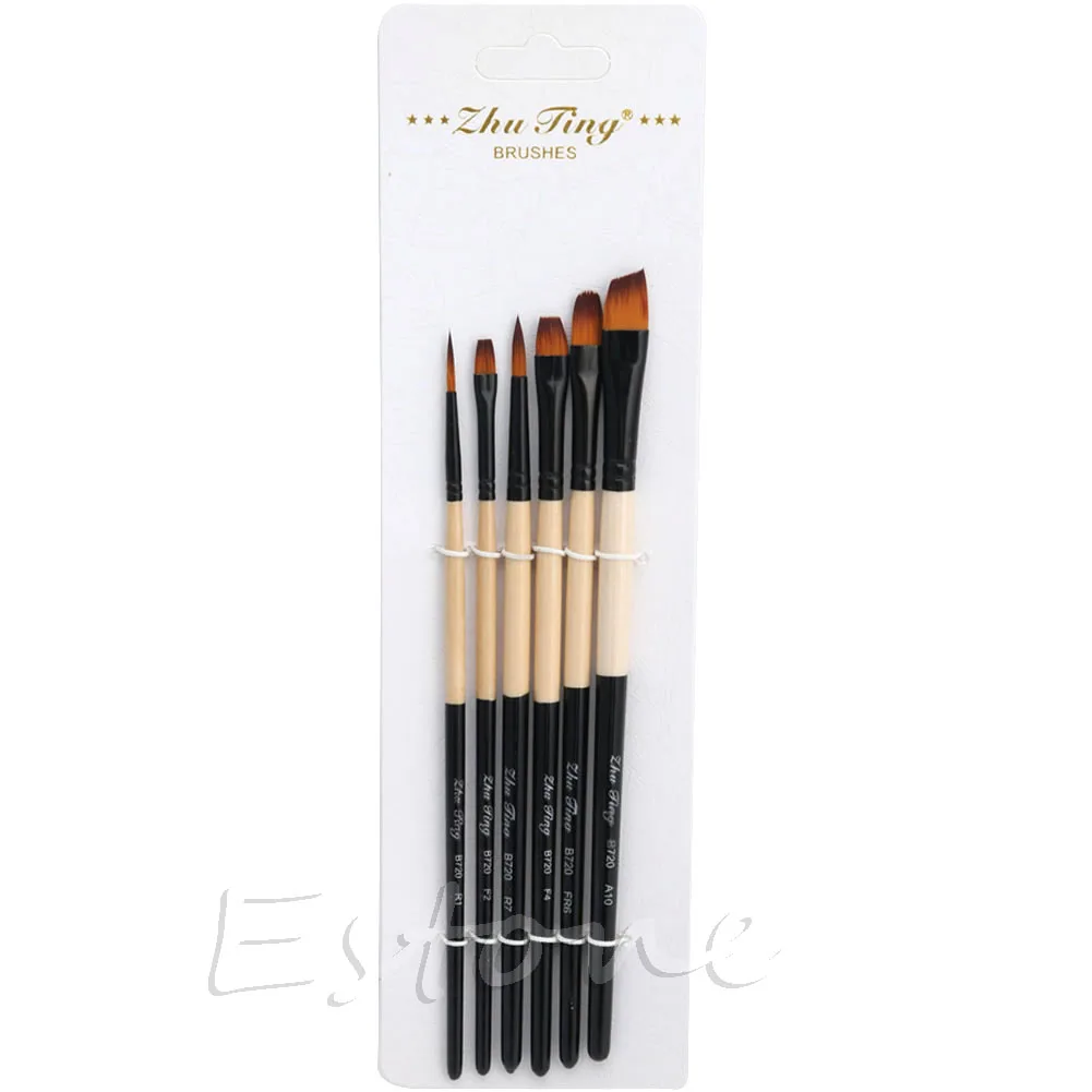 

6Pcs Nylon Hair Paint Flat Brush Gouache Acrylic Oil Painting Art Craft Set New G08 Great Value April 4