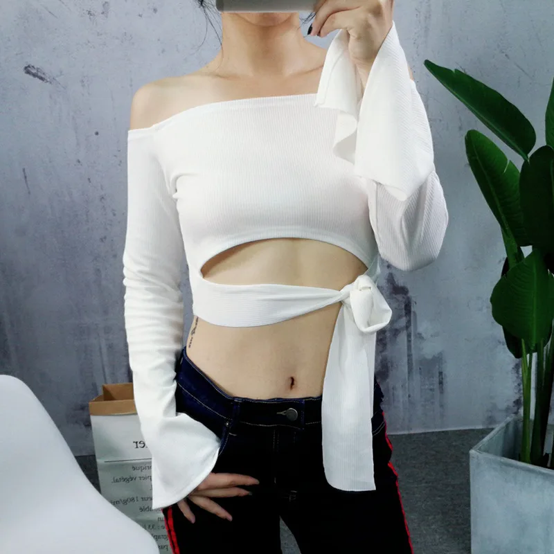 2017 Women Slash Neck Ladies Women Flare Sleeve White Slim Knitted Sexy Short Crop Tops