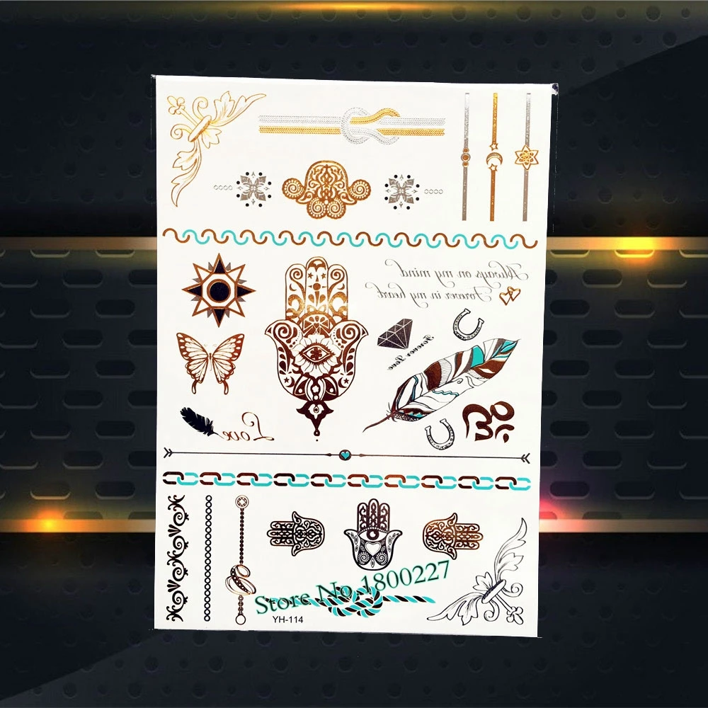 1PC Glitter Gold Metallic Jewelry Tattoo Hamsa Hand Feather Butterfly Design Arm Shoulder Decals Temporary Tattoo Sticker PYH114
1PC Glitter Gold Metallic Jewelry Tattoo Hamsa Hand Feather Butterfly Design Arm Shoulder Decals Temporary Tattoo Sticker PYH114