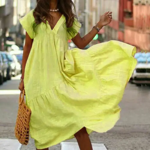 Fashion Women Boho Short Sleeve Long Maxi Dress Summer Solid Color Casual Holiday Party Beach Dresses Female Ladies Sundress
Fashion Women Boho Short Sleeve Long Maxi Dress Summer Solid Color Casual Holiday Party Beach Dresses Female Ladies Sundress